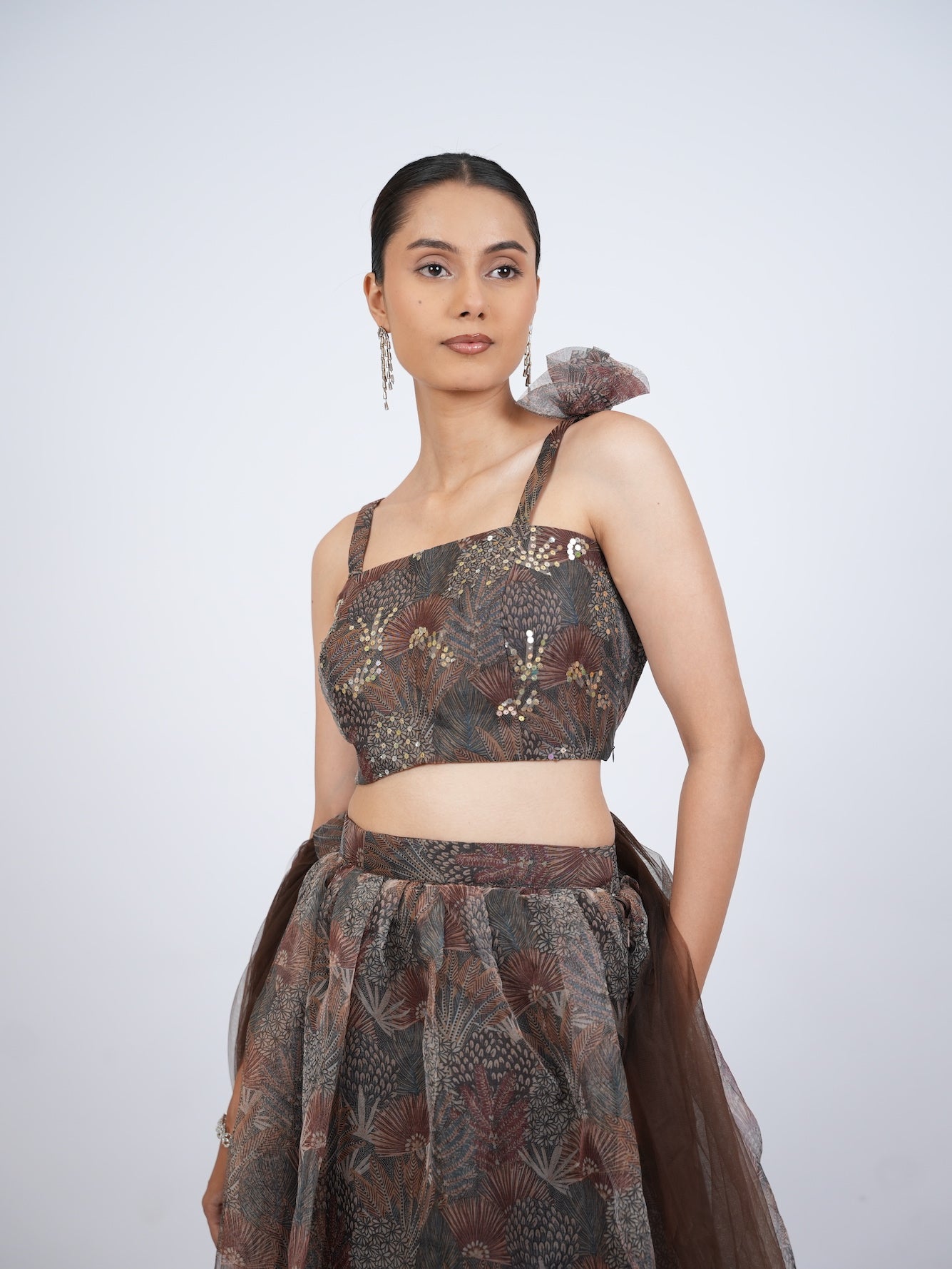 Brown Printed Lehenga Set