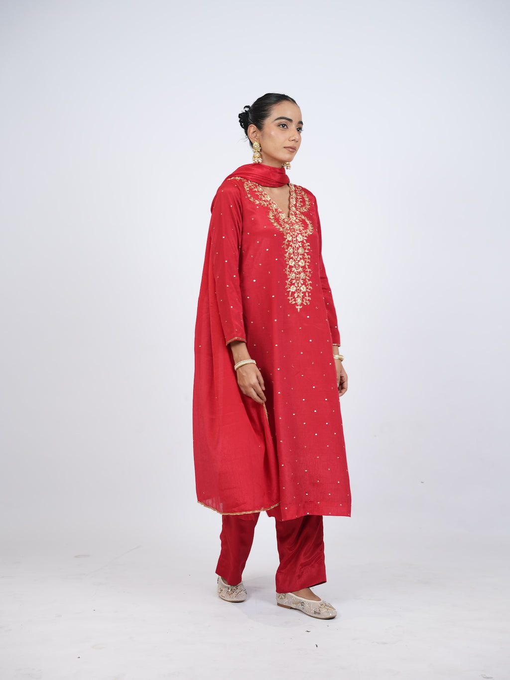 Red Embellished Kurta Set with Dupatta