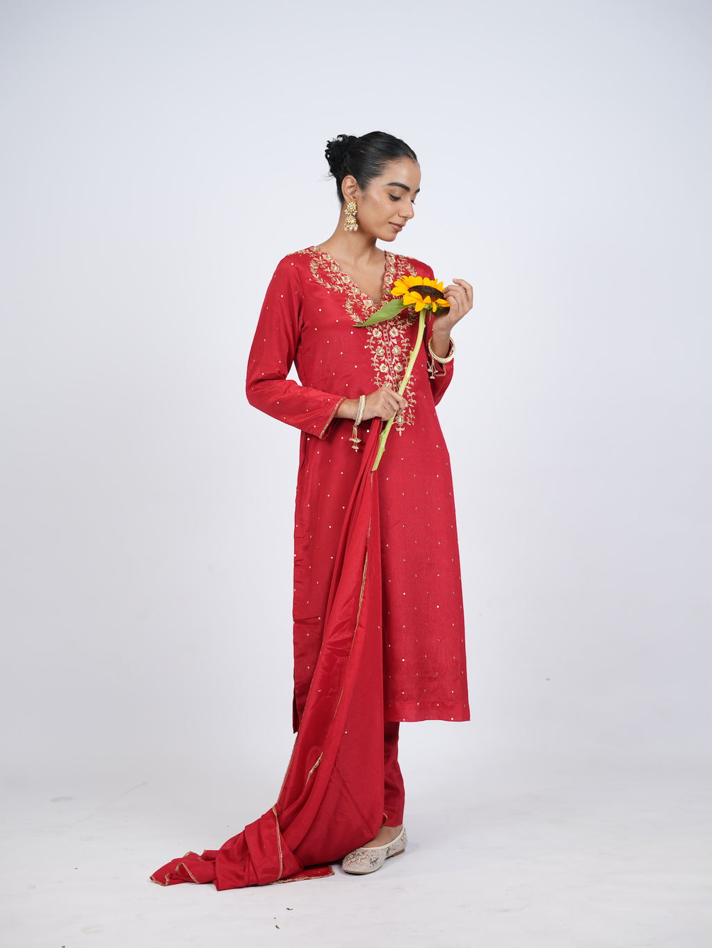 Red Embellished Kurta Set with Dupatta
