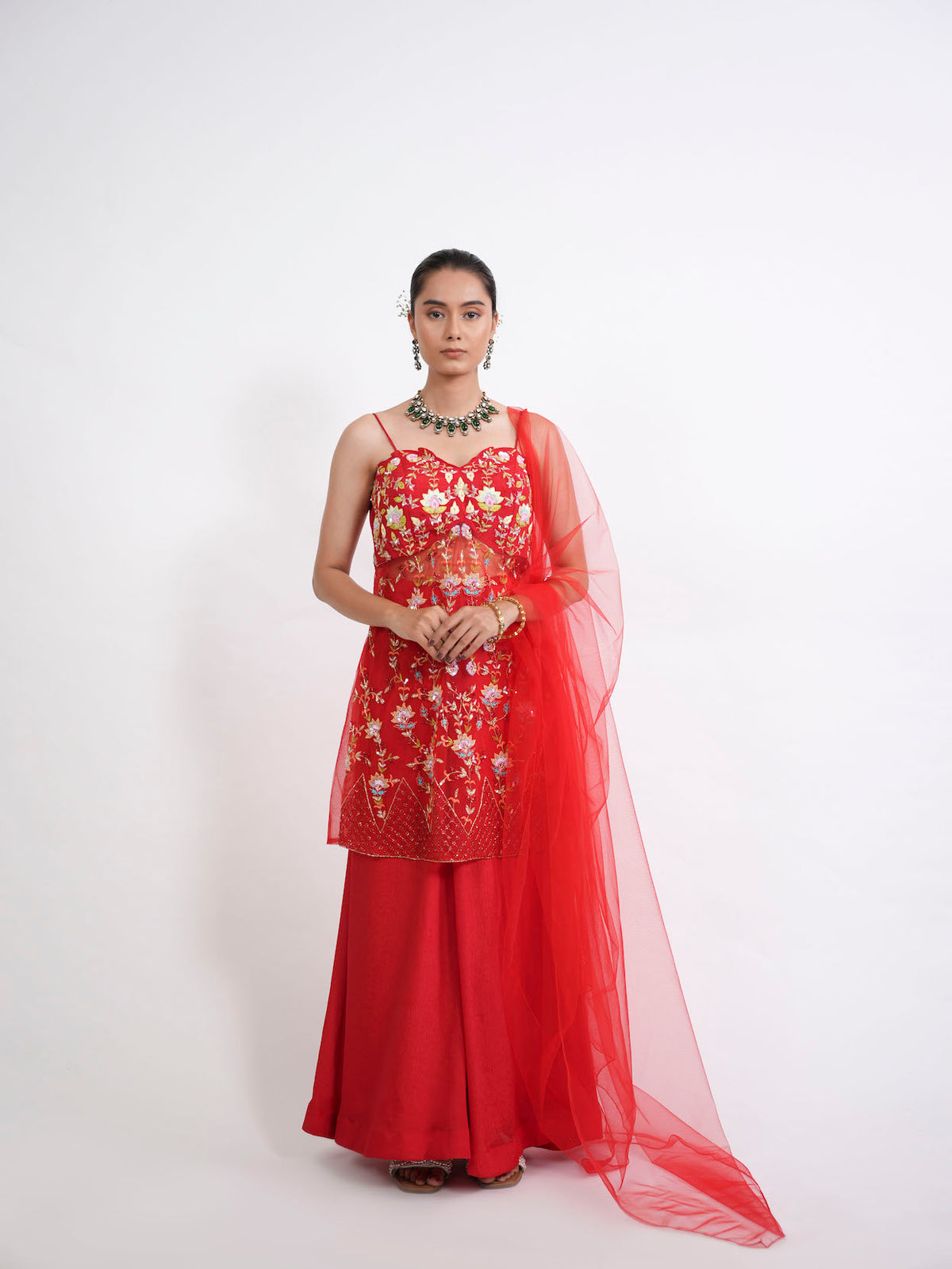 CRIMSON RED FLORAL KURTA SHARARA SET