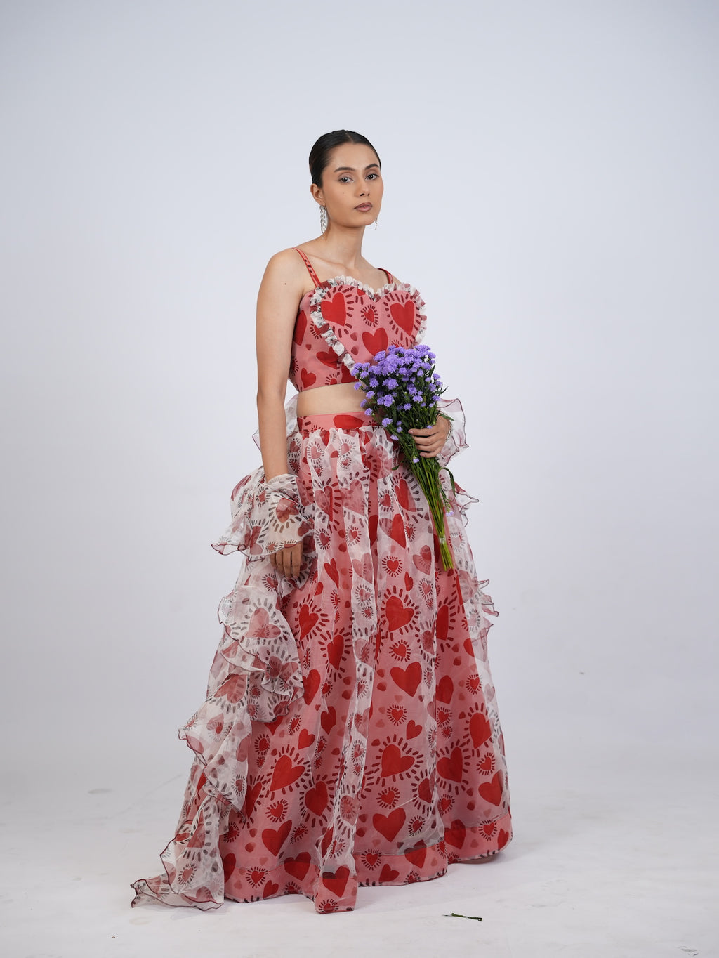 Red Heart Print Lehenga Set with Ruffled Drapes