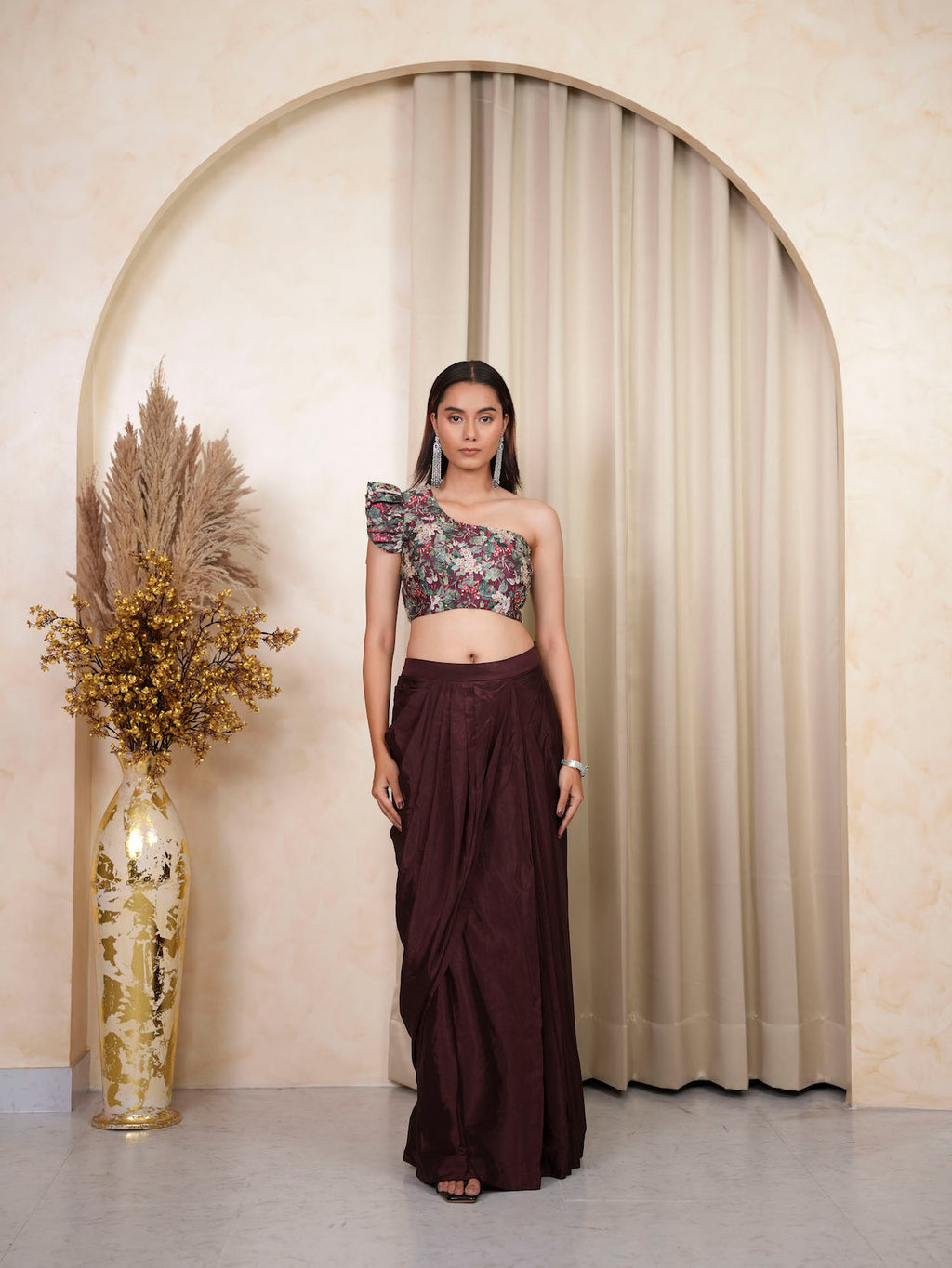 WINE FLORAL DRAPED SKIRT SET