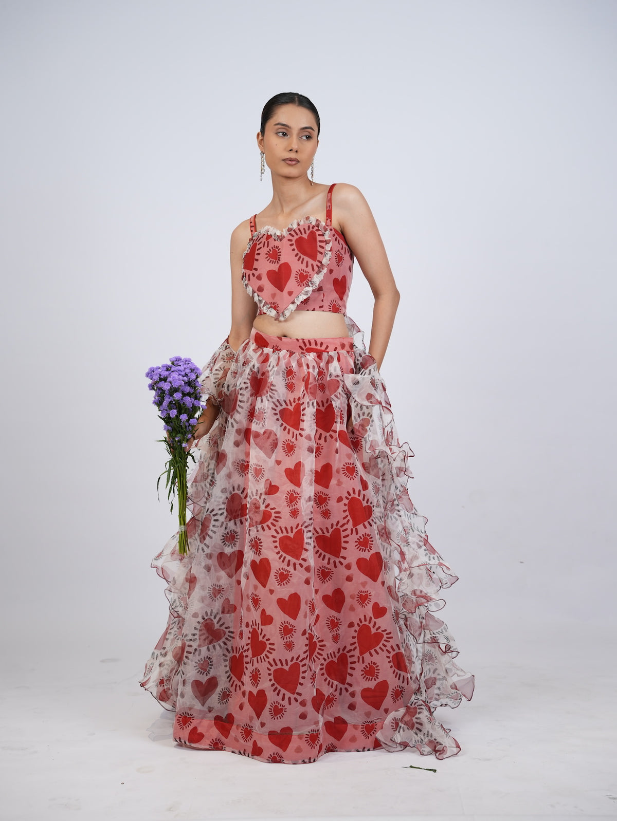 Red Heart Print Lehenga Set with Ruffled Drapes