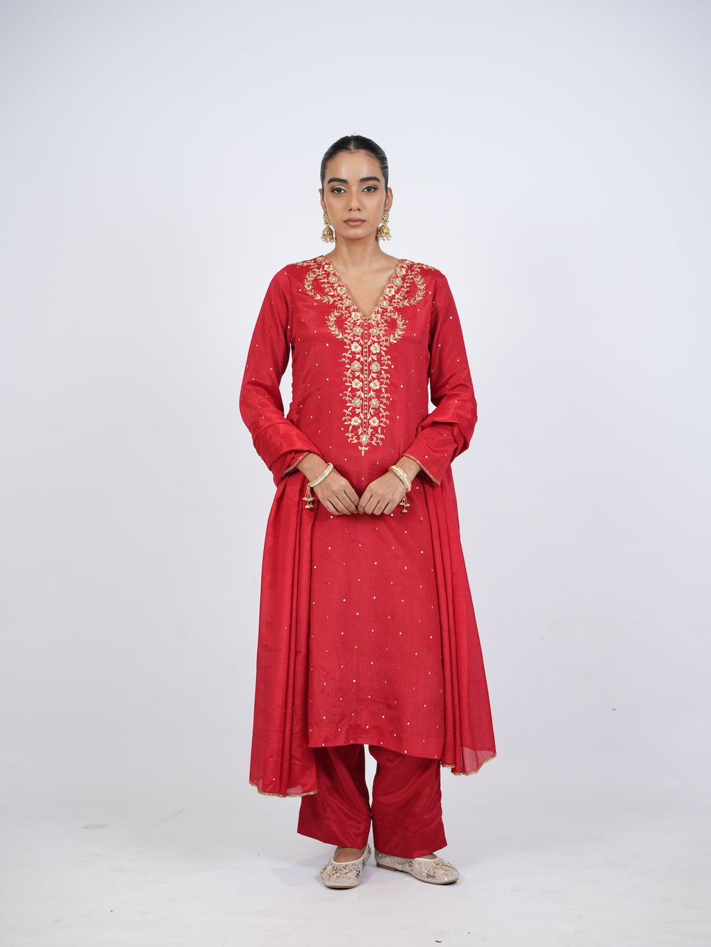 Red Embellished Kurta Set with Dupatta
