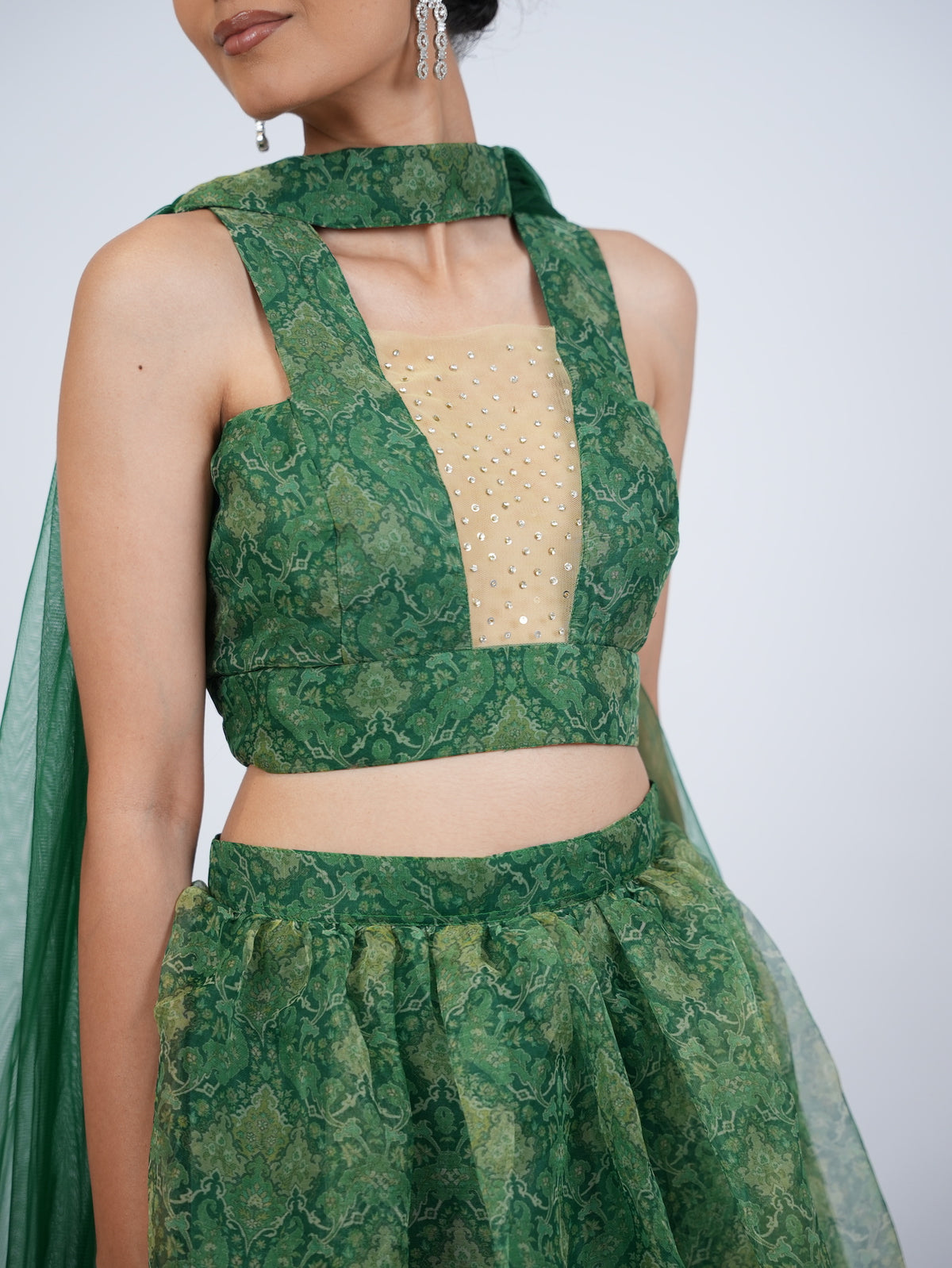 Green Patterned Crop Top Lehenga Set