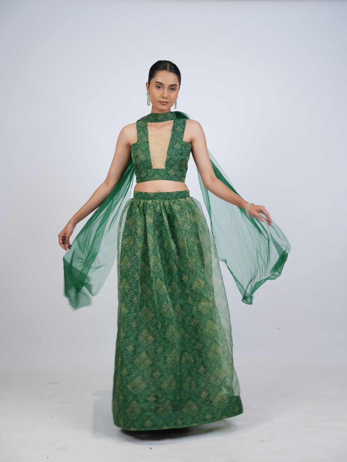 Green Patterned Crop Top Lehenga Set