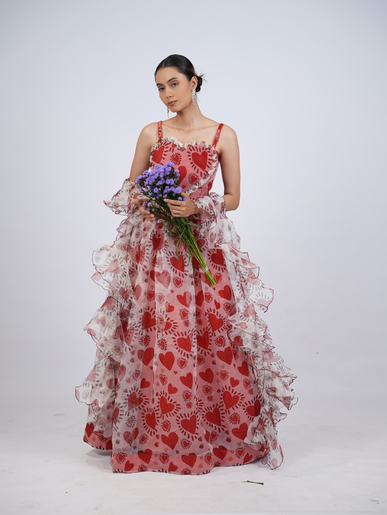 Red Heart Print Lehenga Set with Ruffled Drapes