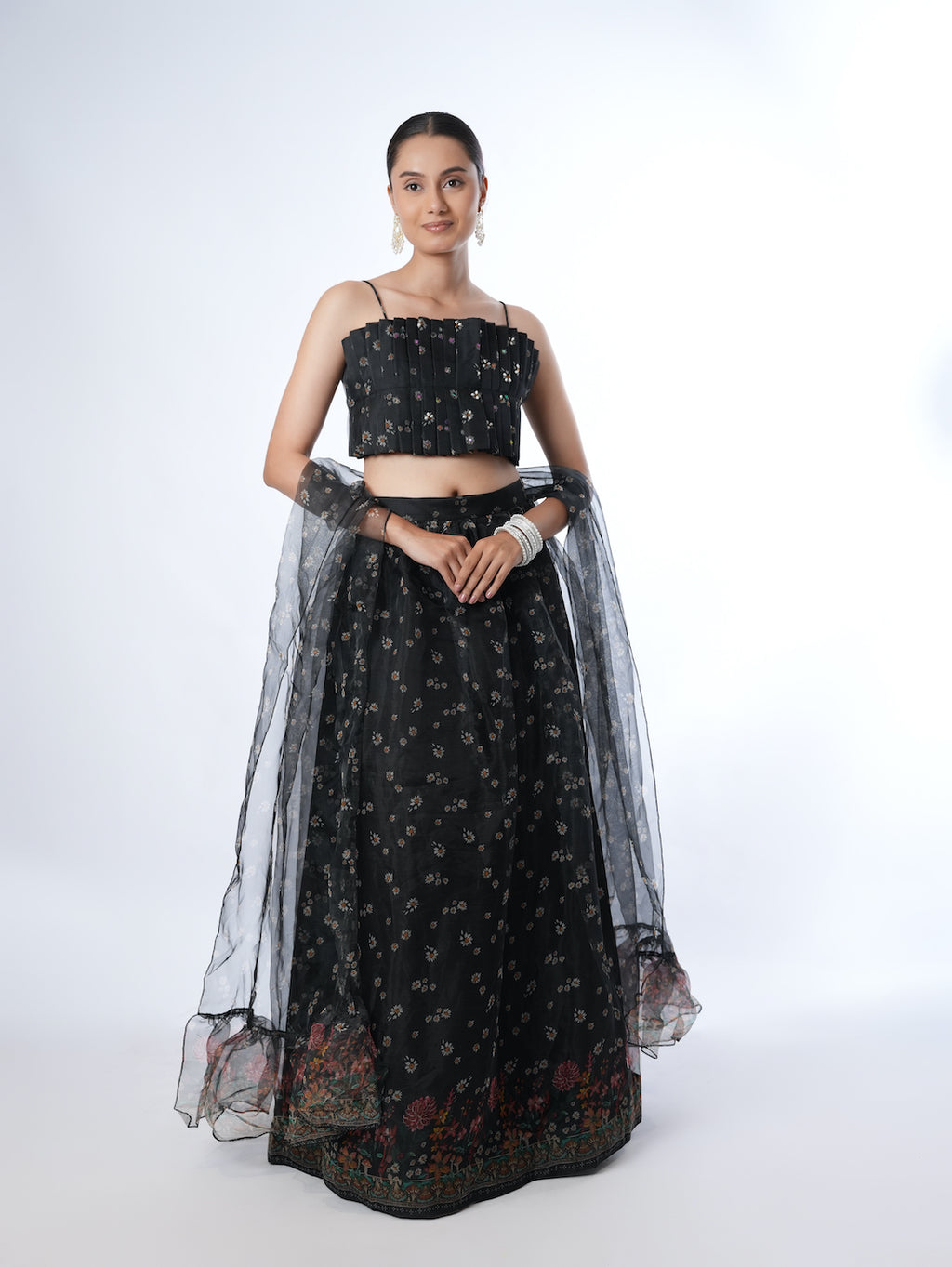 Black Pleated Crop Top Lehenga Set