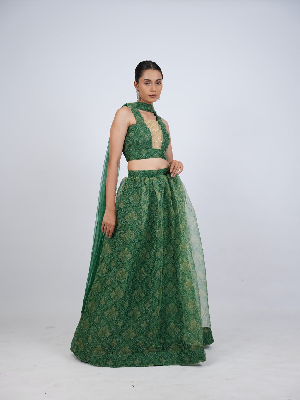 Green Patterned Crop Top Lehenga Set