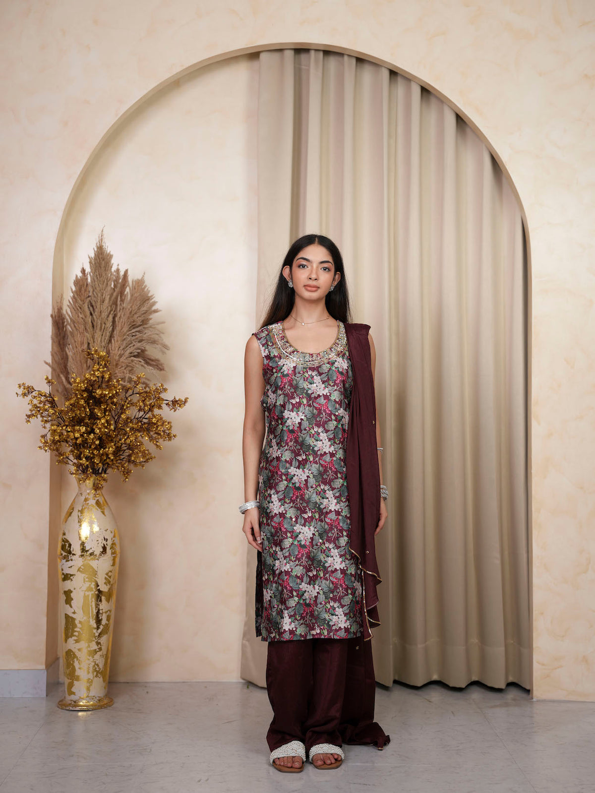 WINE FLORAL EMBELLISHED KURTA SET