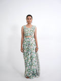 SEA GREEN FLORAL DRAPED SAREE SET