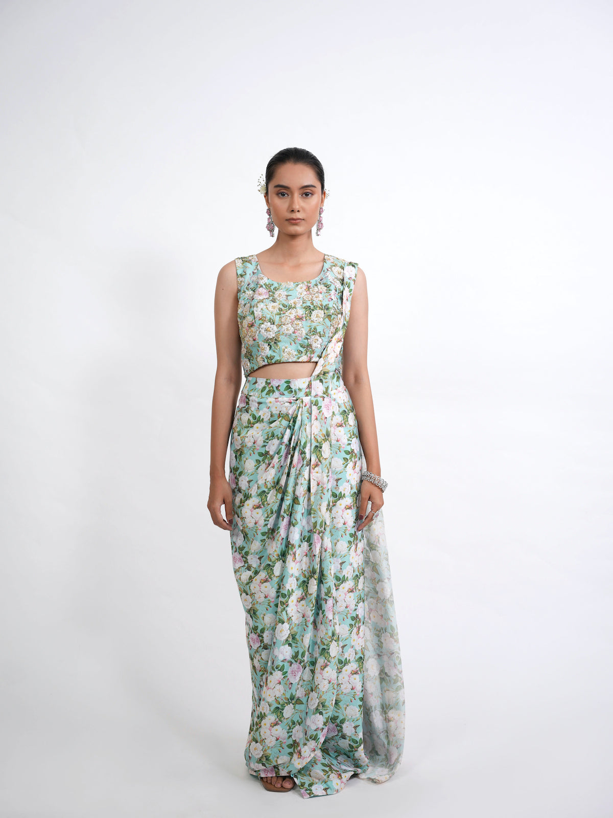SEA GREEN FLORAL DRAPED SAREE SET