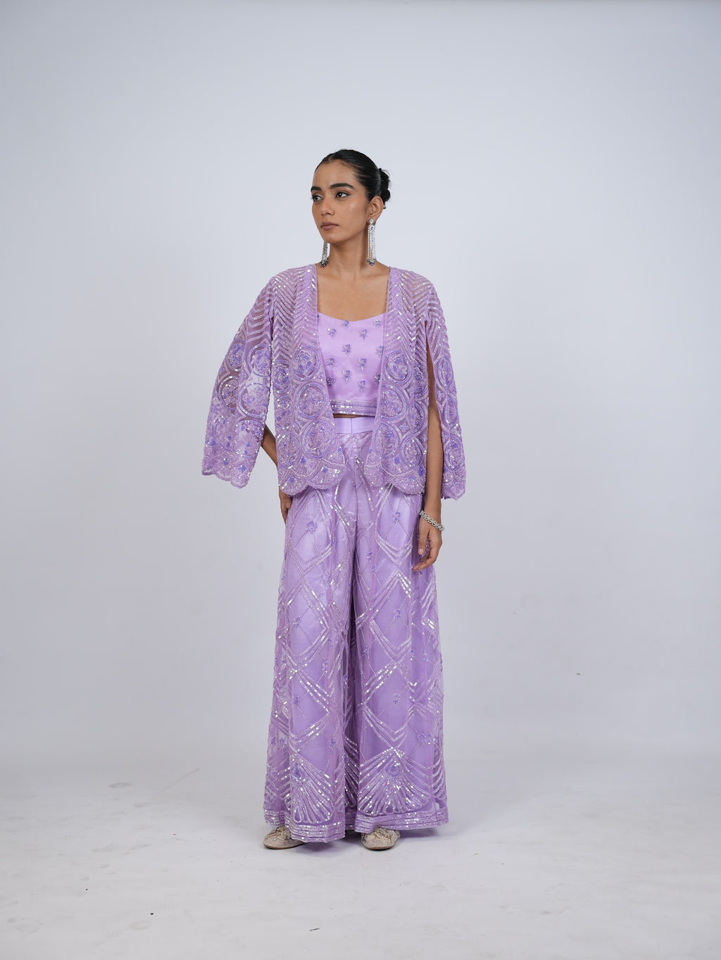 Lavender Embellished Jacket and Palazzo Set