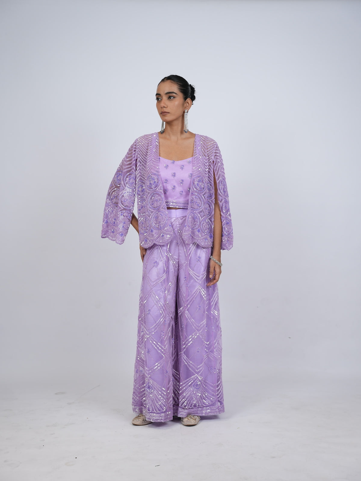 Lavender Embellished Jacket and Palazzo Set