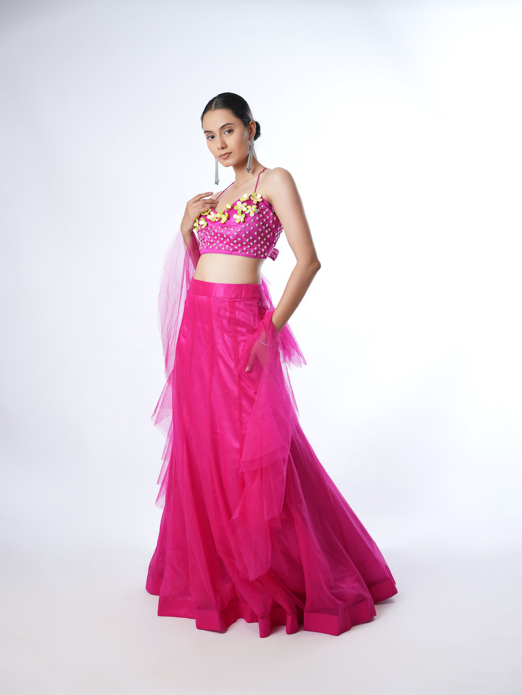 MAGENTA FLORAL INDO-WESTERN LEHENGA