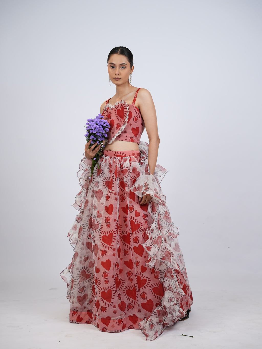 Red Heart Print Lehenga Set with Ruffled Drapes