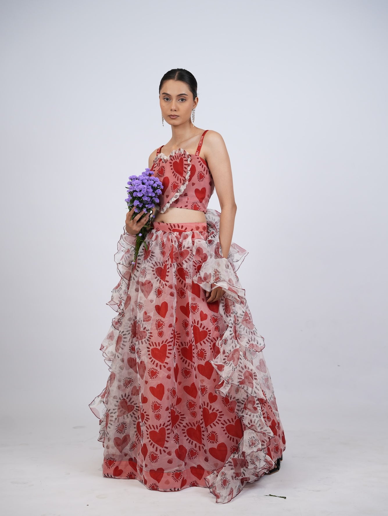 Red Heart Print Lehenga Set with Ruffled Drapes