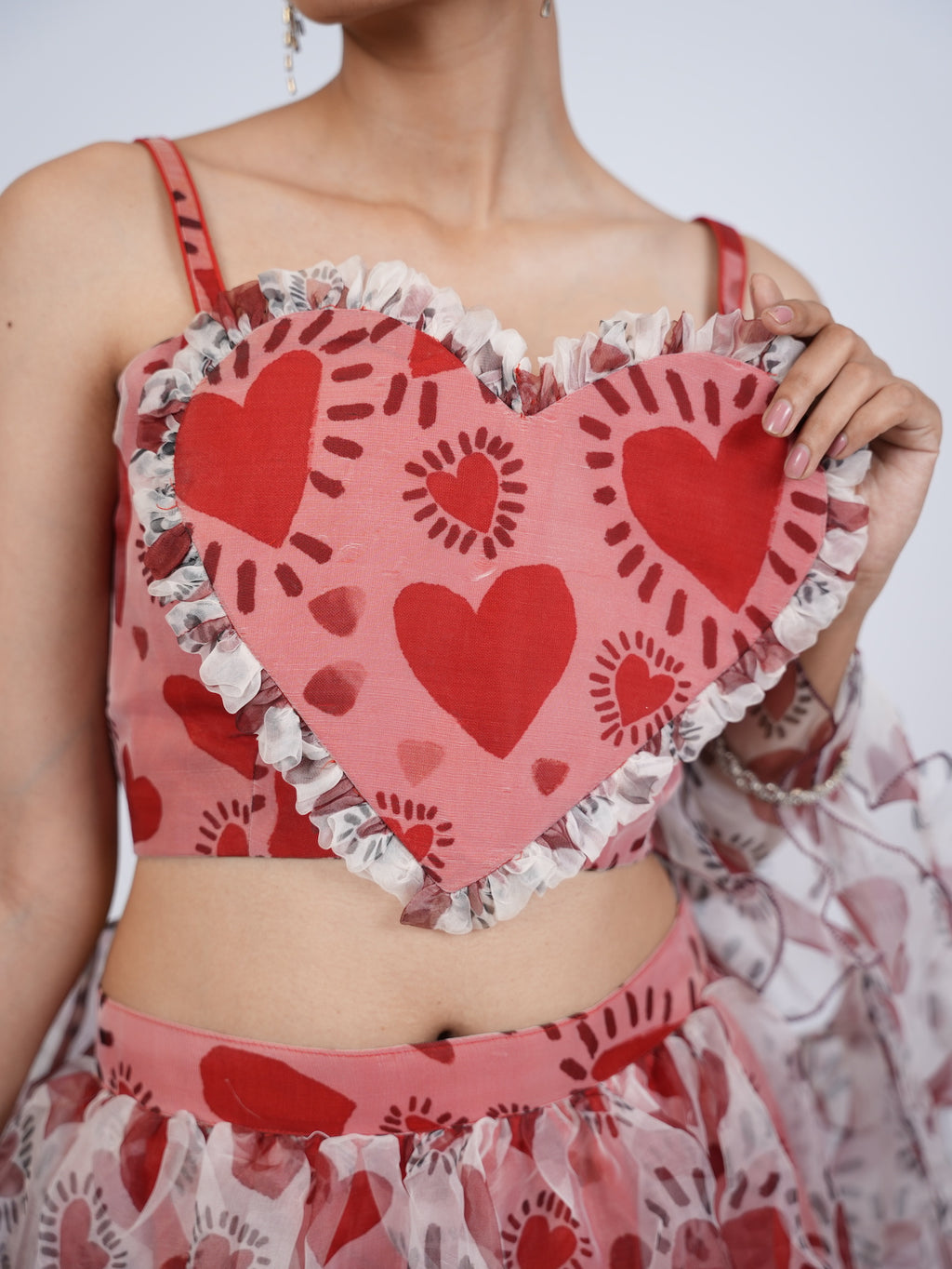 Red Heart Print Lehenga Set with Ruffled Drapes
