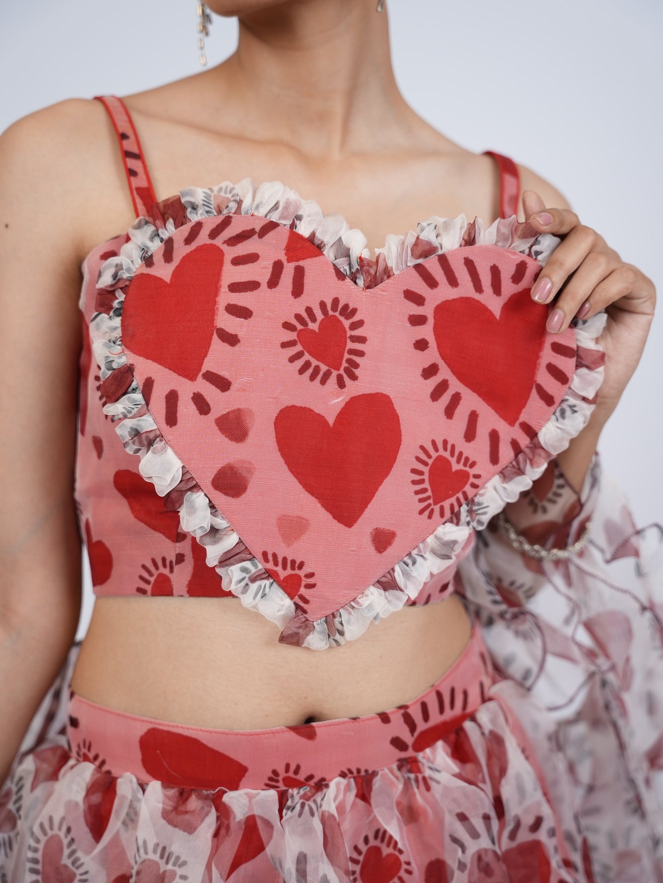 Red Heart Print Lehenga Set with Ruffled Drapes