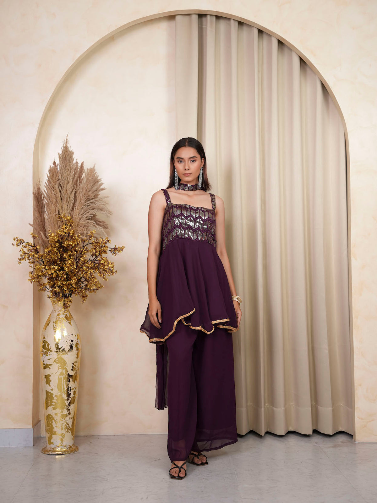PURPLE SEQUIN PEPLUM SHARARA SET