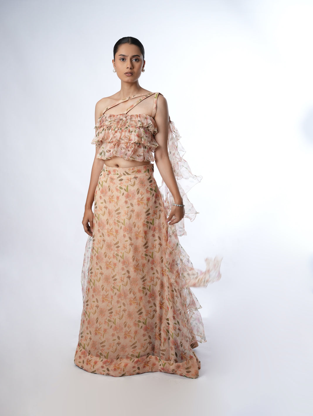 Peach Floral Print Lehenga Set with Ruffled Drapes