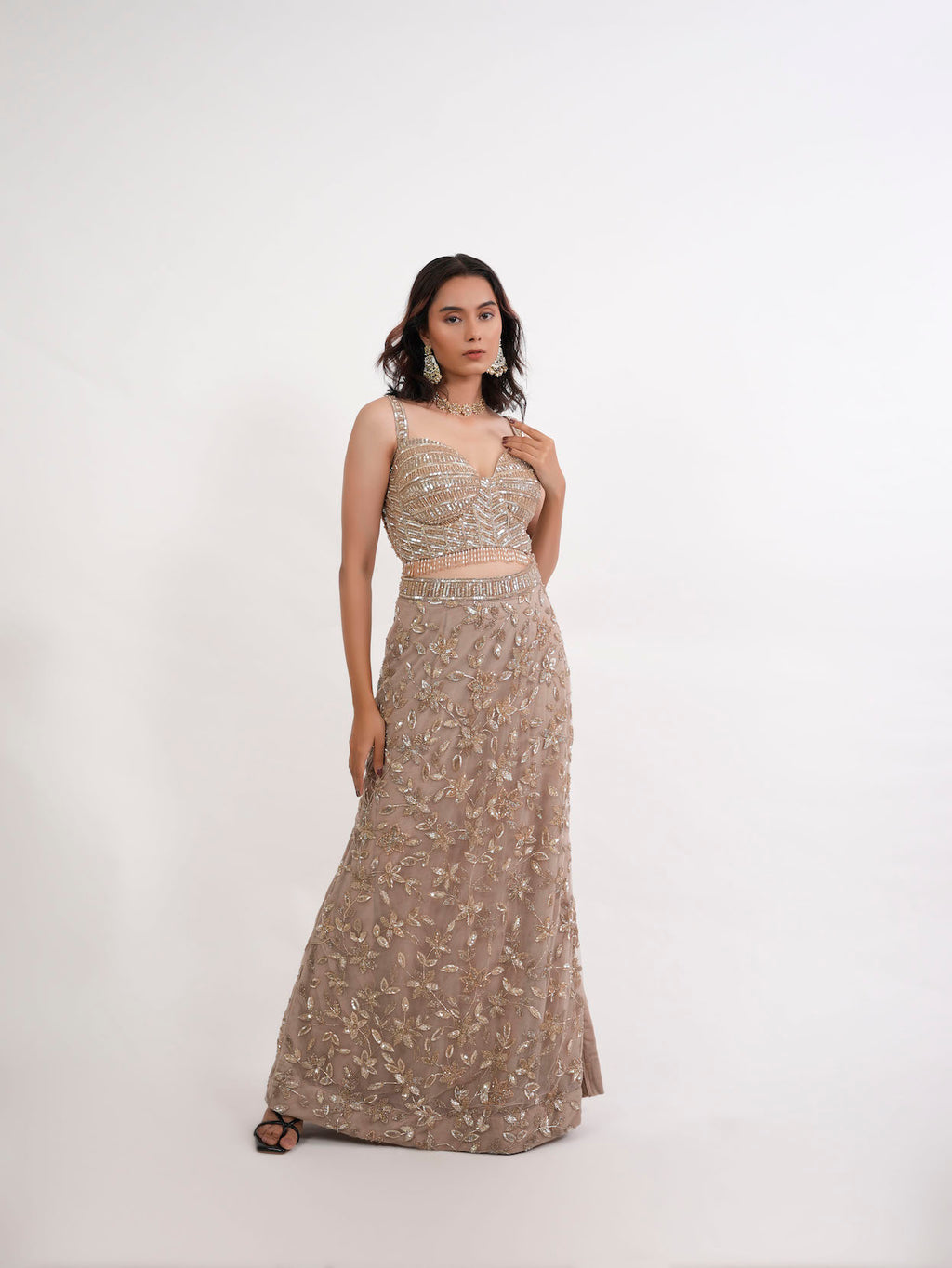 TAUPE SEQUIN FLORAL CROP TOP SET