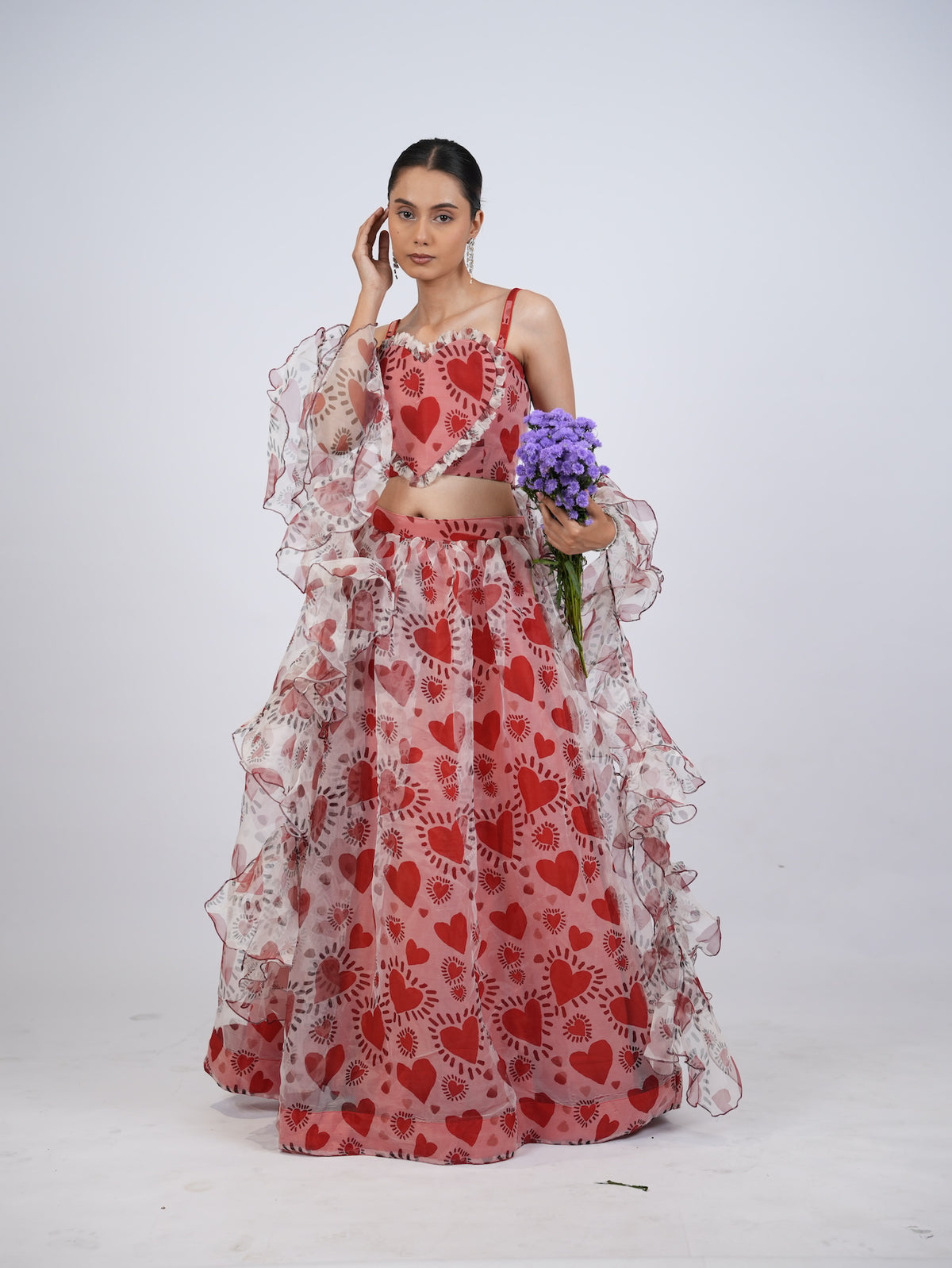 Red Heart Print Lehenga Set with Ruffled Drapes