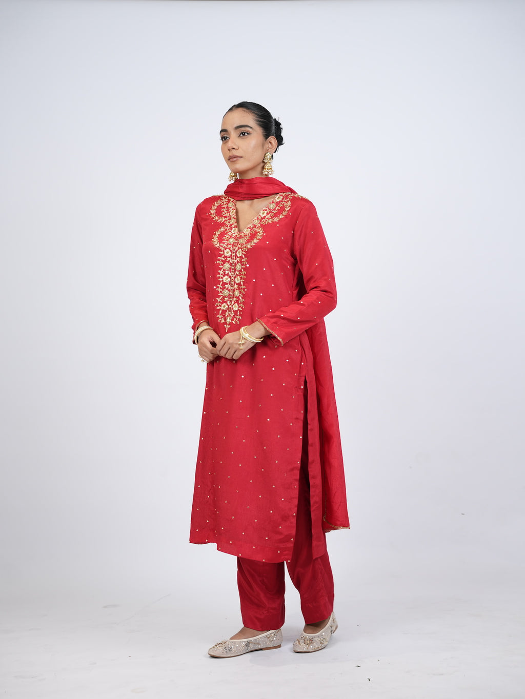 Red Embellished Kurta Set with Dupatta