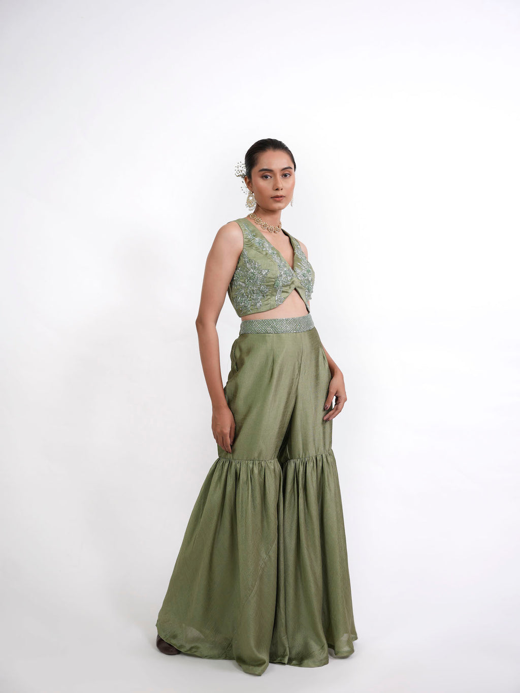 OLIVE GREEN EMBROIDERED SHARARA SET