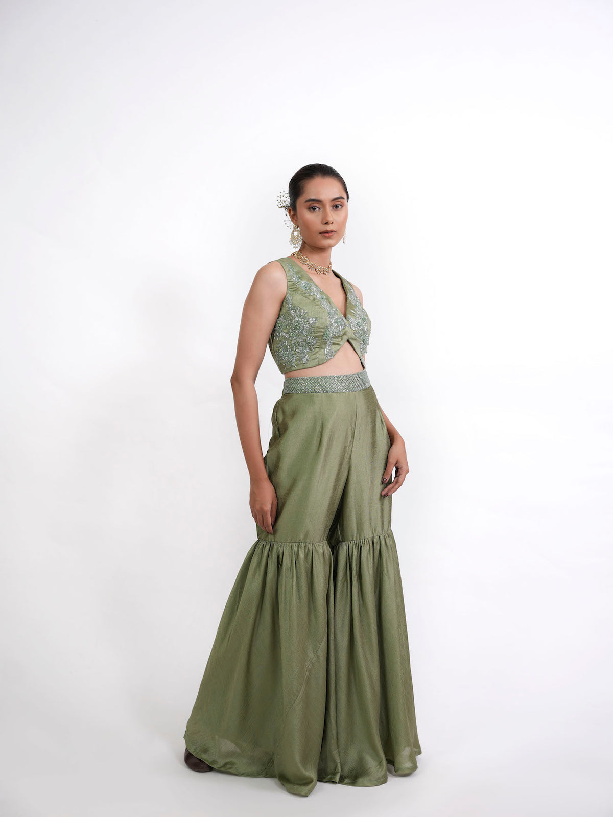 OLIVE GREEN EMBROIDERED SHARARA SET