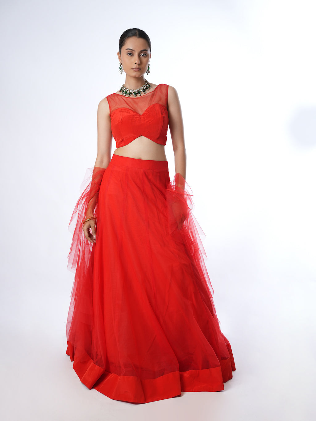 Vibrant Red Net Crop Top Lehenga Set